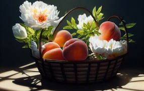 Спелые сладкие персики в корзине с цветами