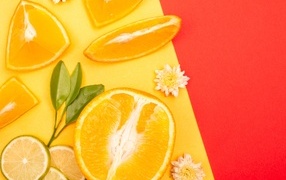 Кусочки апельсина и лайма на разноцветной поверхности 