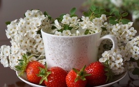 Клубника на тарелке с чашкой и белыми цветами