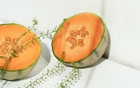 Two halves of melon with grass on a white sofa