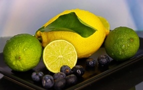 Желтый лимон на тарелке с лаймом и ягодами черники 