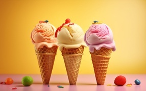Шарики ягодного мороженого в вафельных рожках
