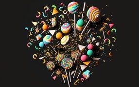 Много разноцветных сладких конфет на черном фоне