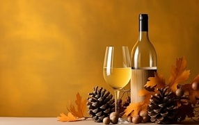 A bottle of wine and a glass on a table with pine cones and acorns