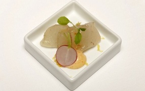 Pieces of raw fish in a bowl with radishes