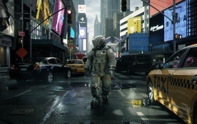 Мужчина астронавт в городе, компьютерная игра Pragmata