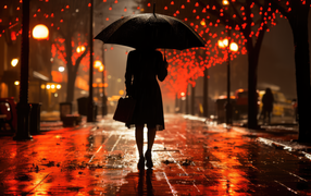 Девушка идет под зонтом ночью в парке