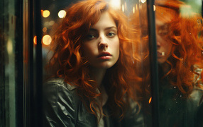Beautiful red-haired girl reflected in the window