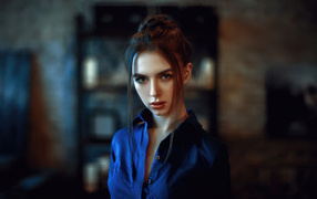 Девушка брюнетка в синей рубашке