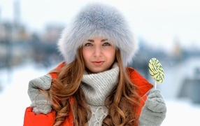 Girl in a warm fur hat