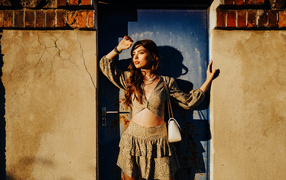 Девушка модель стоит у двери