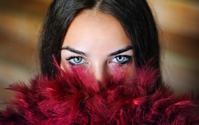 Девушка с красивыми глазами закрыла лицо красными перьями