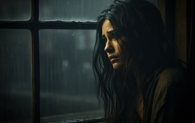 Грустная девушка сидит у окна 