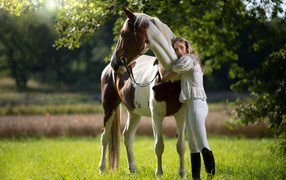 Молодая девушка обнимает большого коня