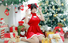 Sad Asian woman with gifts and fir