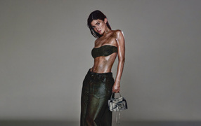 Model Kylie Jenner posing on a gray background