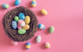 Nest with colorful eggs on a pink background for Easter