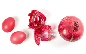 Окрашенные яйца с луком на белом фоне