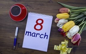 Bouquet of flowers, notepad and coffee for March 8