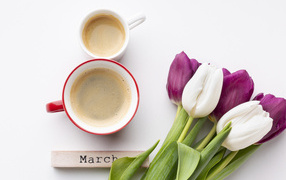 Coffee and bouquet of tulips for international women's day