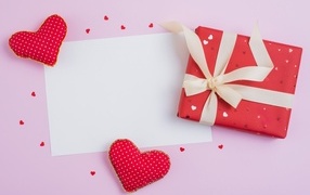 Gift and hearts with leaf, Valentine's Day postcard template