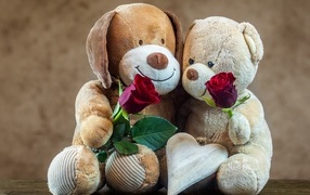Two plush toys with roses as a gift for Valentine's Day