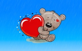 Drawn bear cub with a red heart on a blue background