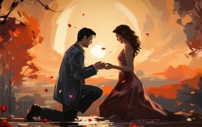 Нарисованная влюбленная пара на фоне солнца