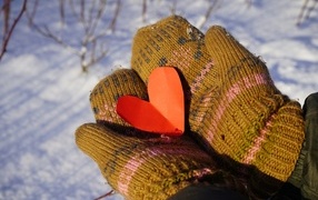 Бумажное сердце в ладонях зимой