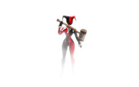 Harley Quinn with a hammer in her hands on a white background
