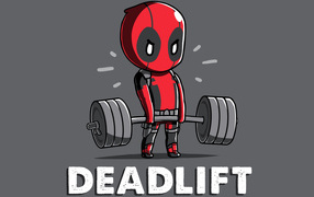 Little Deadpool with dumbbells on a gray background