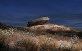 A large stone lies on the grass at night