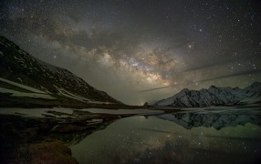 Milky way in the night sky over a mountain lake in winter