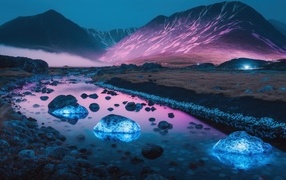 Неоновые камни в реке на фоне горы