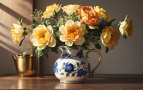 Букет красивых оранжевых цветов в кувшине на столе