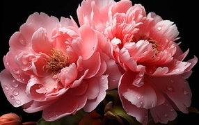 Красивые розовые пионы в каплях воды