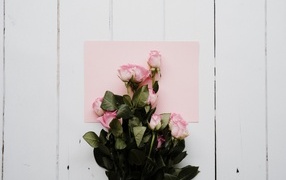 Букет роз с розовым листом бумаги на столе