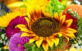 Букет с цветами подсолнуха и георгины