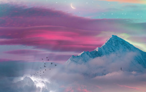 Птицы летят к заснеженной вершине горы