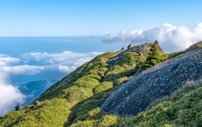 Высокие покрытые зеленью горы выше облаков