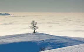 Густые белые облака в заснеженных горах