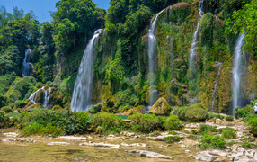 Beautiful waterfalls flow down the mountainside