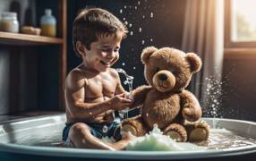 Little boy bathes with a toy
