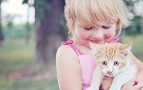 Little girl holding a kitten in her hands
