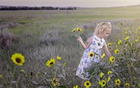 Little girl picking yellow flowers