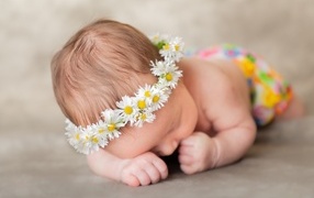 Newborn baby with a wreath of daisies on his head