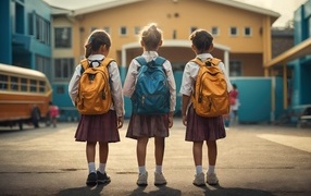 Three little schoolgirl girls with backpacks
