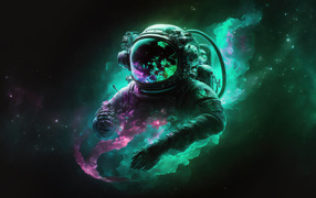 Astronaut in space in green smoke