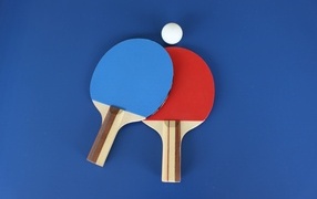 Two multi-colored rackets and a table tennis ball