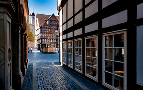 Houses on the street in the city of Hildesheim, Germany